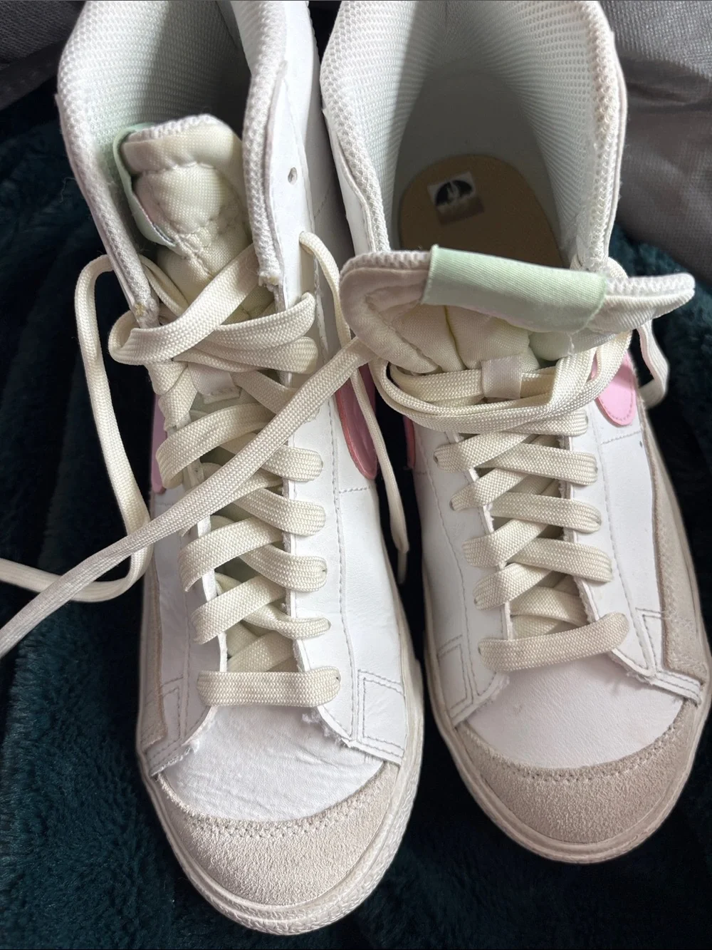 Nike White High-Top Sneakers with Pastel Pink and Mint Accents